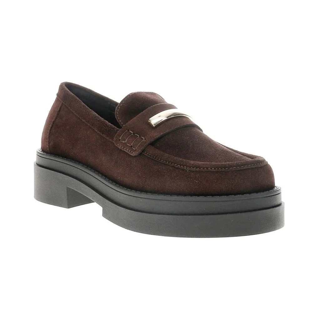 Steve Madden Chocolate Suede Platform Loafers with Gold Bar Detail Size 6.5 - Picture 3 of 15